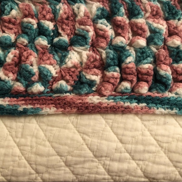 Handmade Crocheted Teal and Pink Blanket - Picture 4 of 7